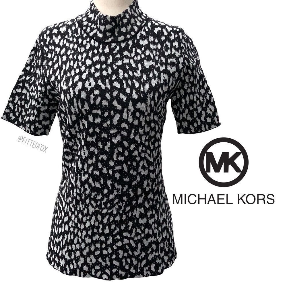 MICHAEL KORS KNIT TOP | ANIMAL PRINT | MOCK NECK | SILVER & BLACK | SIZE MEDIUM